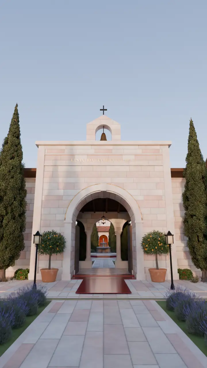 La puerta de la casa de los santos: el camino entre cipreses y lavanda, la fachada con el lema «La santidad también es para ti» y la espadaña con su campana.