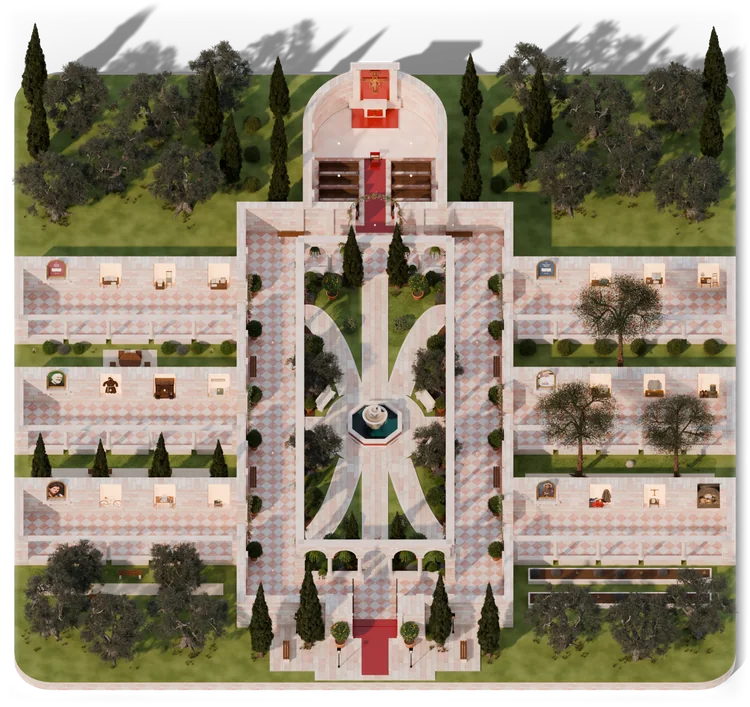 Maqueta de la casa de los santos: en el centro del claustro, un parque con su fuente y senderos hacia cada puerta; tres pasadizos a cada lado con su jardín, la entrada al sur y, al norte, la capilla «Tu camino» con el Crucifijo.