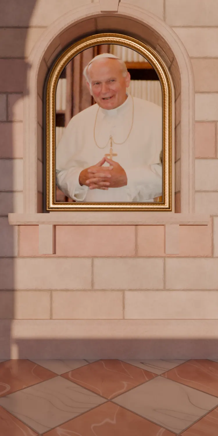 Cuadro de san Juan Pablo II con marco dorado, en la luneta de una galería de piedra al amanecer