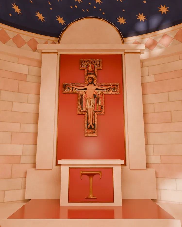 La capilla «Tu camino»: en el retablo rojo, solo el Crucifijo de San Damiano y, en el frente del altar, la Tau dorada, bajo la bóveda de estrellas.